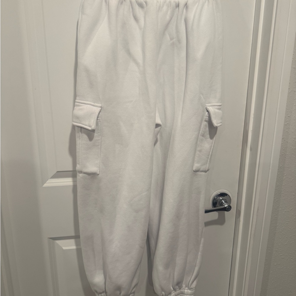 Women's White Cargo Sweatpants - Casual Elastic Waist